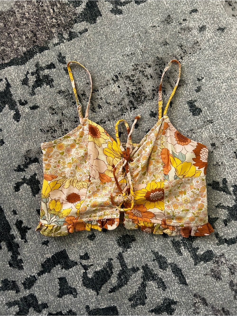 American Eagle Outfitters Floral Lace-Up Crop Cami in Yellow & Brown